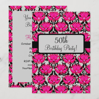 50. Geburtstagsparty Fuchsia Pink Black Damask Einladung