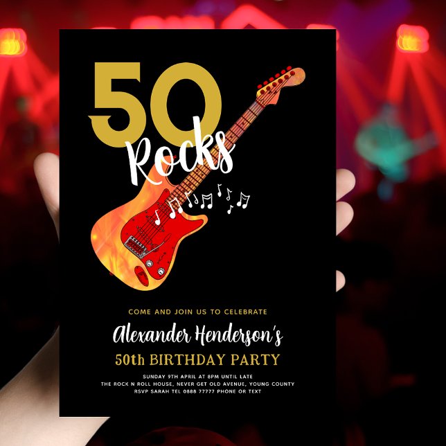 50. Geburtstagsparty für Ihn Einladung (Rock and roll 50th birthday party invitation 50 Rocks electric flame guitar with musical notes black)