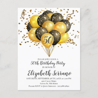 50. Geburtstagsparty Gold & Black Balloons Confett Einladungspostkarte