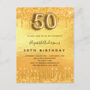 50. Geburtstagsparty Gold Glitzer Tropfen Einladungspostkarte