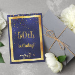 50. Geburtstagsparty Gold Rahmen blau Einladung<br><div class="desc">Eine festliche und elegante 50. Geburtstagsfeier Einladungskarte. Eine dunkelblaue Hintergrundfarbe und ein goldener Rahmen für Imitate. Mit einem goldenen Konfetti regnen. Die blaue Farbe ist ungleichmäßig. Vor dem Text: 50. Geburtstag! und ein blumengeschmücktes Imitat mit goldener Dekoration. Zurück: Vorlagen für Ihre Party-Informationen,  goldene Buchstaben.</div>
