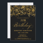 50. Geburtstagsparty Gold Rose Floral Black Einladung<br><div class="desc">Elegante Rose aus Gold der offenen Linie schaffen den perfekten Rahmen. Der schwarze Hintergrund strahlt eine dramatische Atmosphäre aus,  und die Kalligraphie verleiht eine luxuriöse Touch. Diese Einladung ist Teil der Luxe Gold Rose Collection. Hier finden Sie Vorlagen für die Geburtstagssuite,  Begrüßungsschilder und Party-Dekorationen.</div>