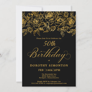 50. Geburtstagsparty Gold Rose Floral Black Einladung