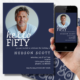 50. Geburtstagsparty Hallo Fünfzig Foto Navy Blue Einladung