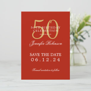 50. Geburtstagsparty in Gold - Rot Save the Date Einladung