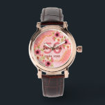 50. Geburtstagsparty Korallengold Dahlia Blume Armbanduhr<br><div class="desc">Eine trendige Uhr für ein 50. Geburtstagsgeschenk. Mit einem Imitat goldhexagon geometrisch geformten Rahmen. Die Blume sind in Rosa, Creme und Korallen mit Aquarellfarben dekoriert. Lebende Korallen mit Polka Punkte als Hintergrund. Vorlagen für einen Namen, 50 Jahre und ein Datum. Geburtsdatum oder Geburtsdatum des Party. Briefe aus Burgund und Korallen....</div>