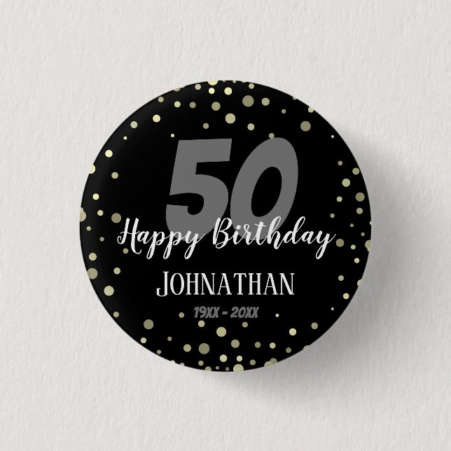50. Geburtstagsparty mit Confetti Black Button (Vorderseite)