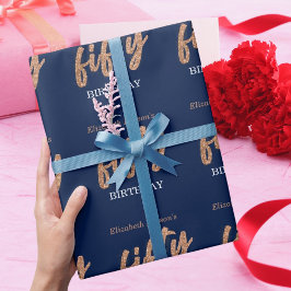 50. Geburtstagsparty Modernes Gold & Blue | Fünfzi Geschenkpapier