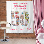 50. Geburtstagsparty Rosa Foto Collage Hintergrund Wandteppich<br><div class="desc">Für eine 50. Geburtstagsfeier erstellen Sie Ihre eigene Foto-Collage. Diese Wandhänge bilden eine großartige Kulisse, Begrüßungsschild oder Fotokabine. Die Vorlage ist für Sie Set, um Ihre eigenen Fotos, die automatisch die Zahl 50. Sie können auch alle Texte bearbeiten. Der Beispieltext lautet "Willkommen zum 50. Geburtstag" oben und "Phantastisch seit 19xx!"...</div>