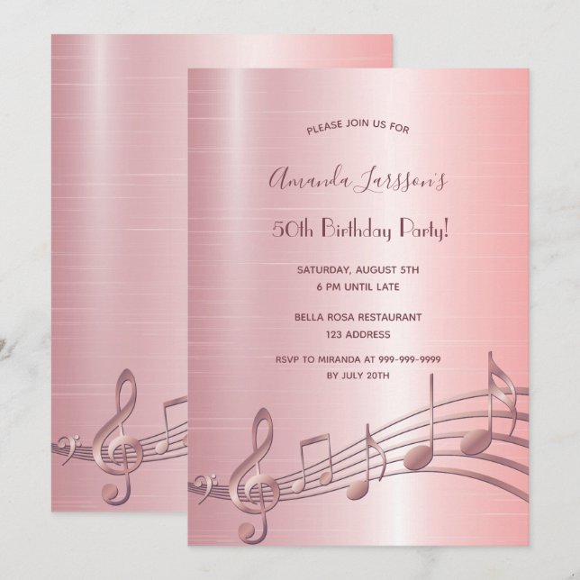 50. Geburtstagsparty Rose Gold Musiknoten Einladung (Vorne/Hinten)