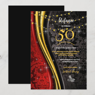 50. Geburtstagsparty Rot-, Gold- und Black-Wirbel Einladung