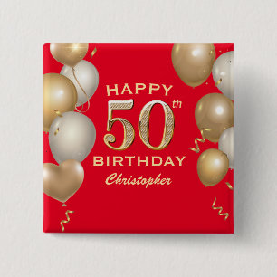 50. Geburtstagsparty Rot und Gold Ballons Button