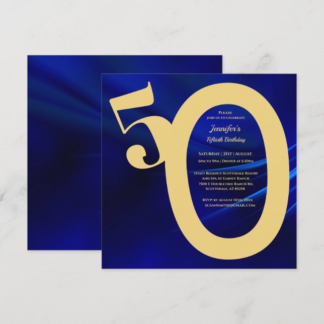 50. Geburtstagsparty Royal Blue & Gold Einladung (Vorne/Hinten)