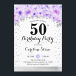 50. Geburtstagsparty - Silberviolette Blumen Einladung<br><div class="desc">50. Geburtstagsfeier Einladung. Elegantes Design in Imitaten Glitzer Silber mit Blumenakzent. Einladende Karte mit Skript-Schriftart und Konfetti. Pastel lila und weiß. Ideal für ein stilvolles 30-tägiges Fest. Nachricht, wenn du ein Alter brauchst.</div>