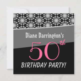 50. Geburtstagsparty Silver und Black Floral W288 Einladung