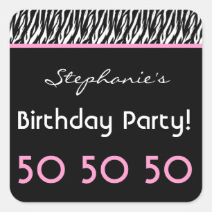 50. Geburtstagsparty Zebra mit rosa Individuelle N Quadratischer Aufkleber