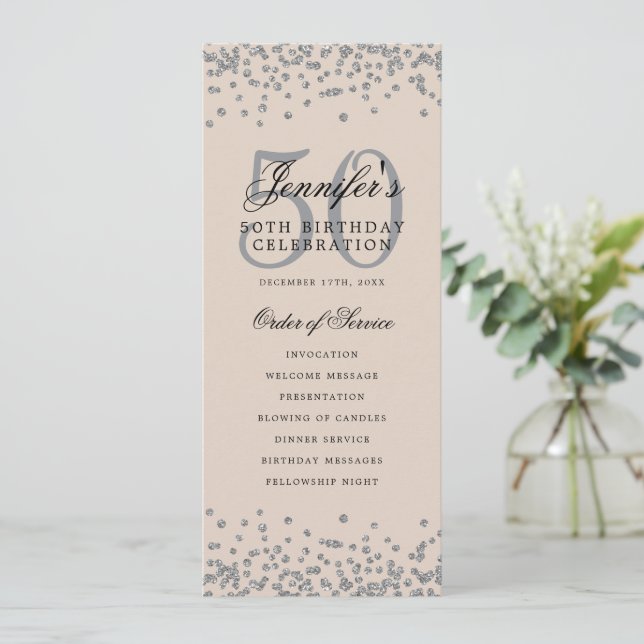 50. Geburtstagsprogramm Silver Confetti Champagne Einladung (Stehend Vorderseite)