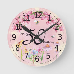 50. Geburtstagszeit mit Blume und Bienen Runde Wanduhr