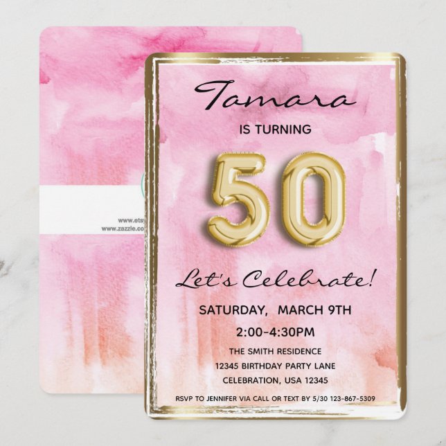 50. Girl Birthday Pink und Gold Einladung (Vorne/Hinten)