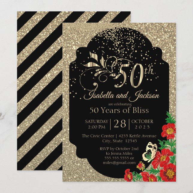 50. Gold Confetti Glitzer Jubiläum Einladung (Vorne/Hinten)