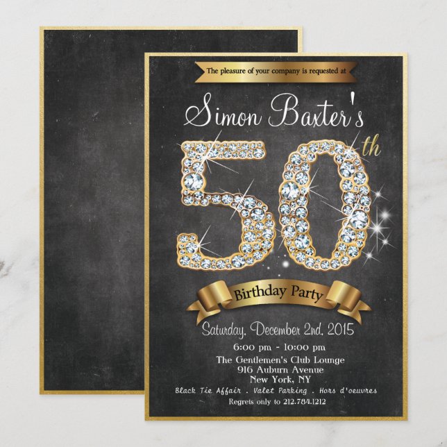 50. Gold Diamond Chalkboard Geburtstag Einladung (Vorne/Hinten)