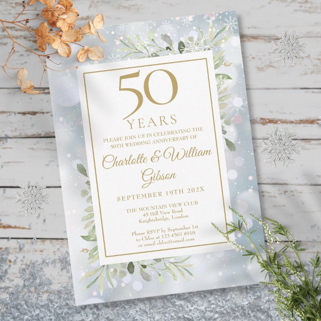 50. Gold Jubiläum Schneeflocken Grüne Blätter Einladung (50th Gold Anniversary Snowflakes Greenery Leaves Invitation)
