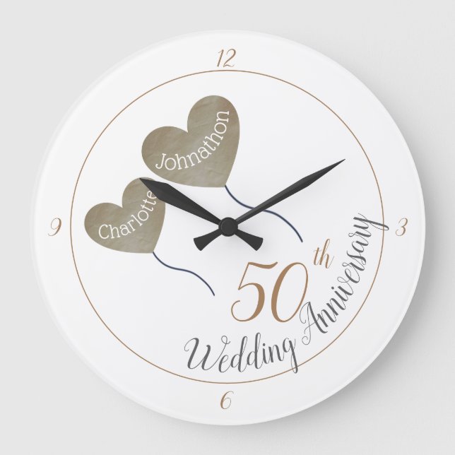 50. Golden Wedding Anniversary Ballon Große Wanduhr (Vorderseite)