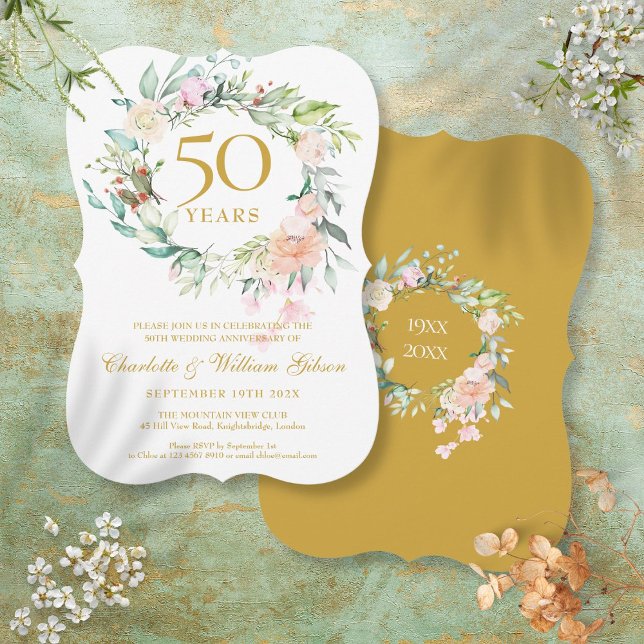50. Goldene Hochzeit Jubiläum Wasserfarben Einladung (50th Golden Wedding Anniversary Watercolor Floral Invitation)
