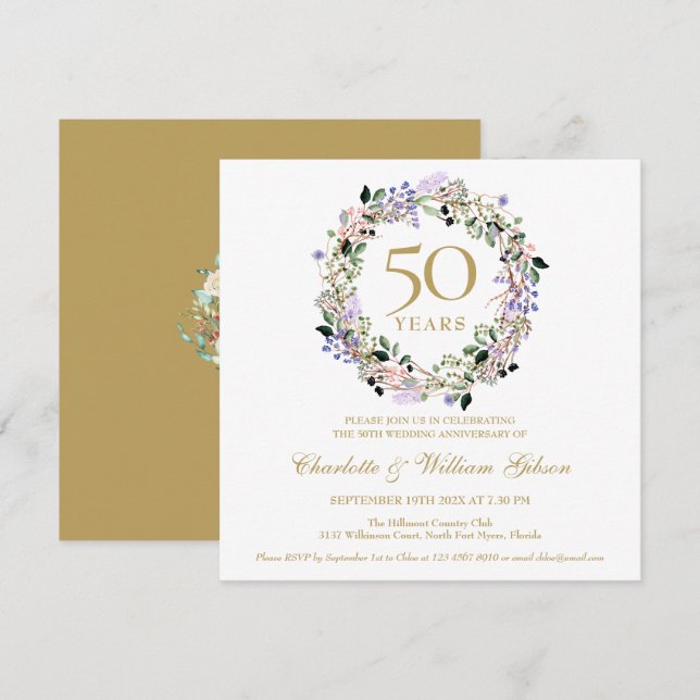 50. Goldene Hochzeit Jubiläumsfeier Lavendel Flora Einladung (Vorne/Hinten)