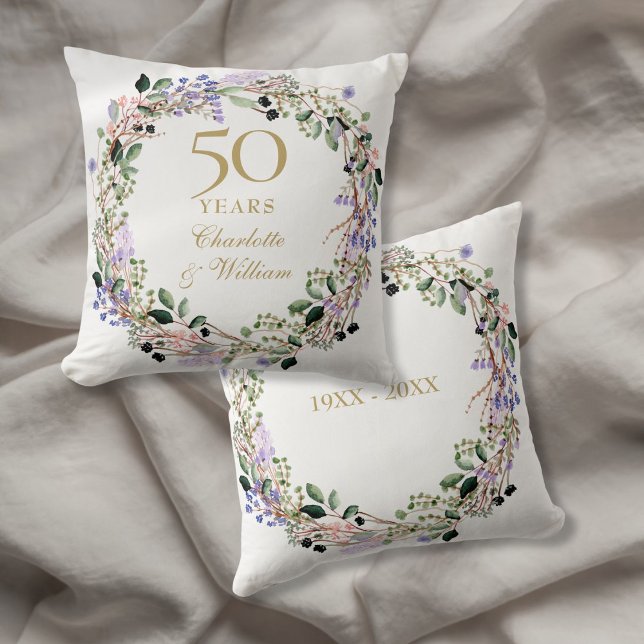 50. Goldene Hochzeit Jubiläumsfeier Lavendel Flora Kissen (50th Golden Wedding Anniversary Lavender Floral Throw Pillow)