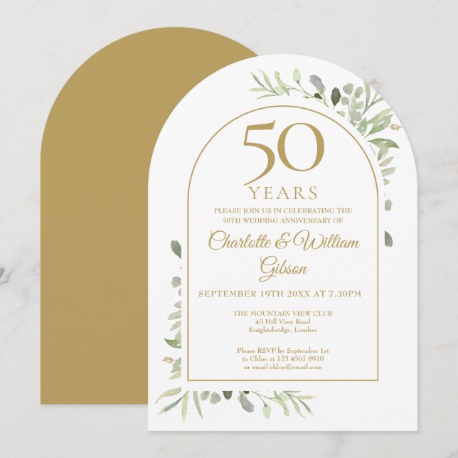50. Goldener Hochzeitstag Grüner Bogen Einladung (Vorne/Hinten)