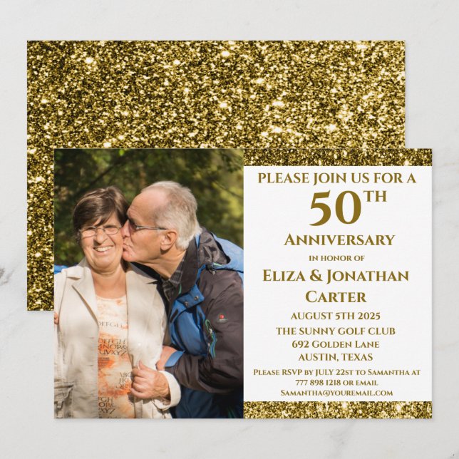 50. Goldener Jubiläum Überraschung Party Glitzer Einladung (Vorne/Hinten)