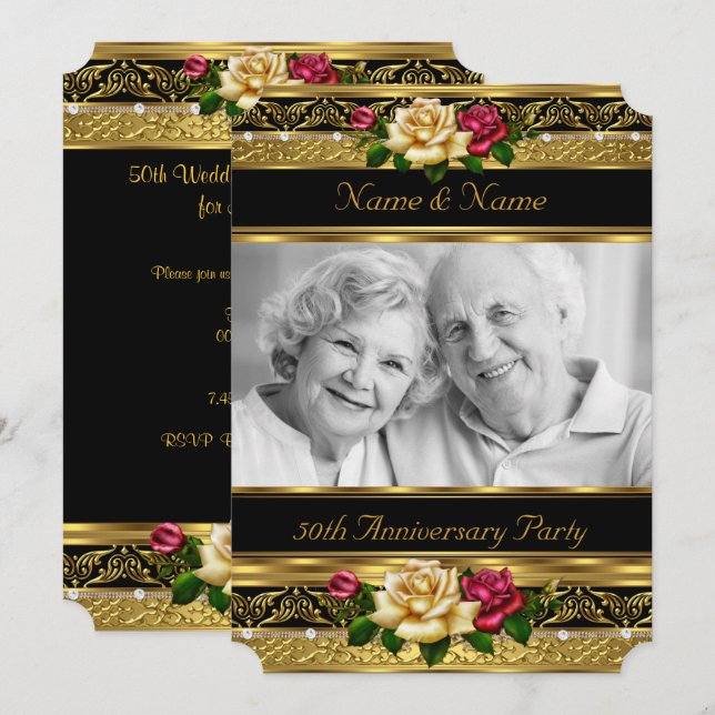 50. Goldenes Foto Hochzeit Jubiläum Party Rose Einladung (Vorne/Hinten)