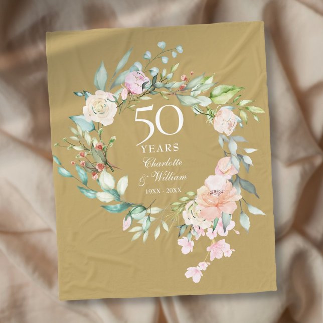 50. Goldenes Hochzeitstag Blumengold Fleecedecke (50th Golden Wedding Anniversary Floral Gold Fleece Blanket)