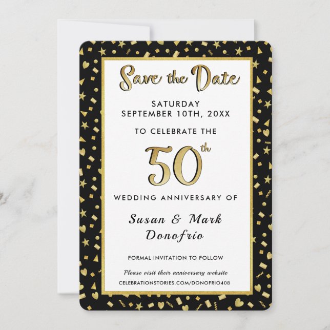 50. Goldenes Jubiläum Celebration Confetti Black Save The Date (Vorderseite)
