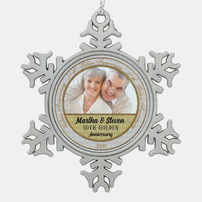 50. Goldenes Jubiläum Damaskus-Foto Schneeflocken Zinn-Ornament (Vorderseite)