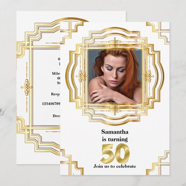 50. goldweißes Foto-Rahmen 50 schicke Einladung (Vorne/Hinten)