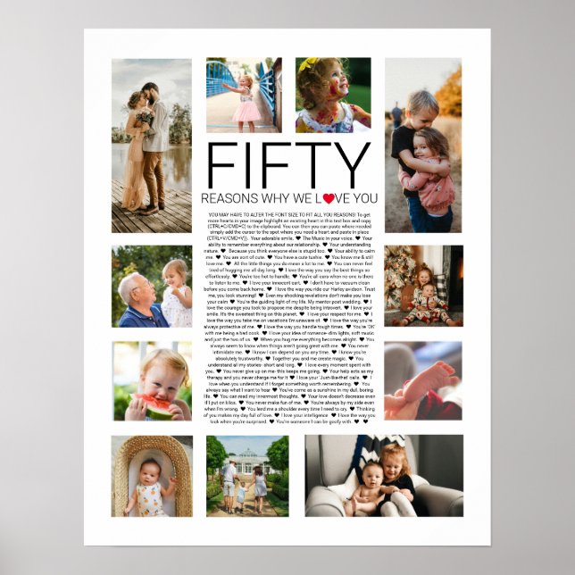 50 Gründe, warum wir Ihnen Foto Collage Liebe Poster (Vorne)