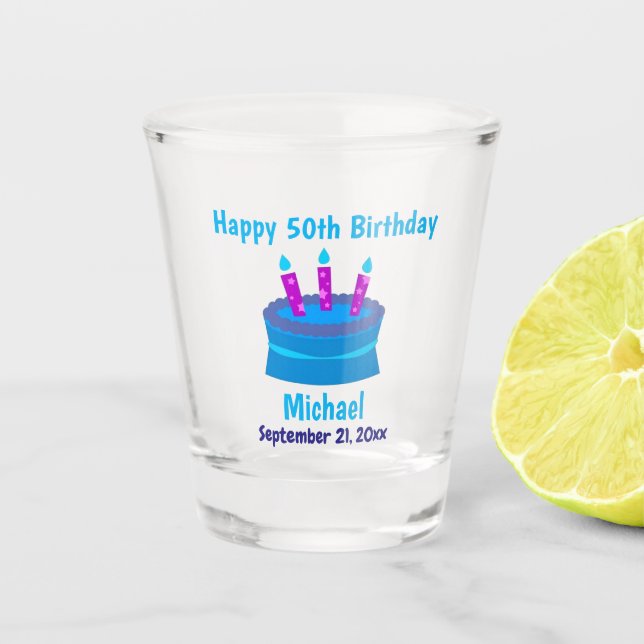 50. Happy Birthday Blue Cake Souvenir Schnapsglas (Vorderseite)