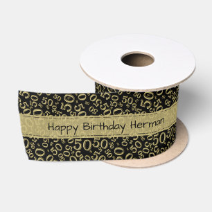 50. "Happy Birthday" Random Muster Schwarz/Gold Satinband