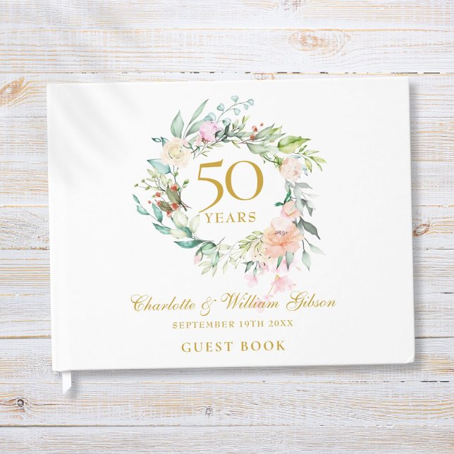 50. Hochzeit Goldenes Jubiläum Blumengarten Gästebuch (50th Wedding Golden Anniversary Floral Garland Guest Book)