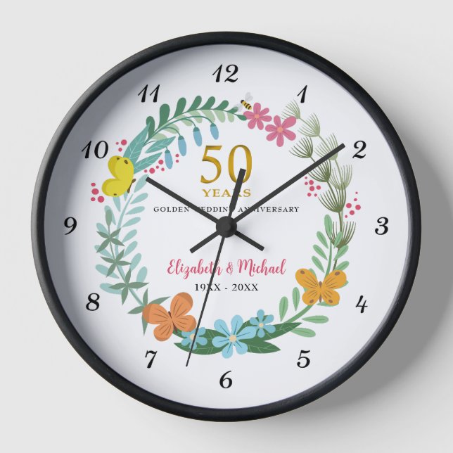 50. Hochzeit Goldenes Jubiläum Blumenschmetterling Uhr (Vorderseite)