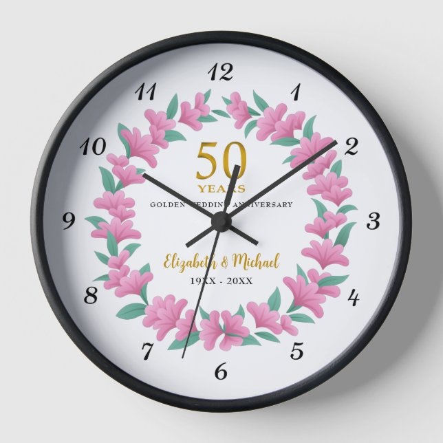 50. Hochzeit Goldenes Jubiläum Rosa Blumenreath Uhr (Vorderseite)