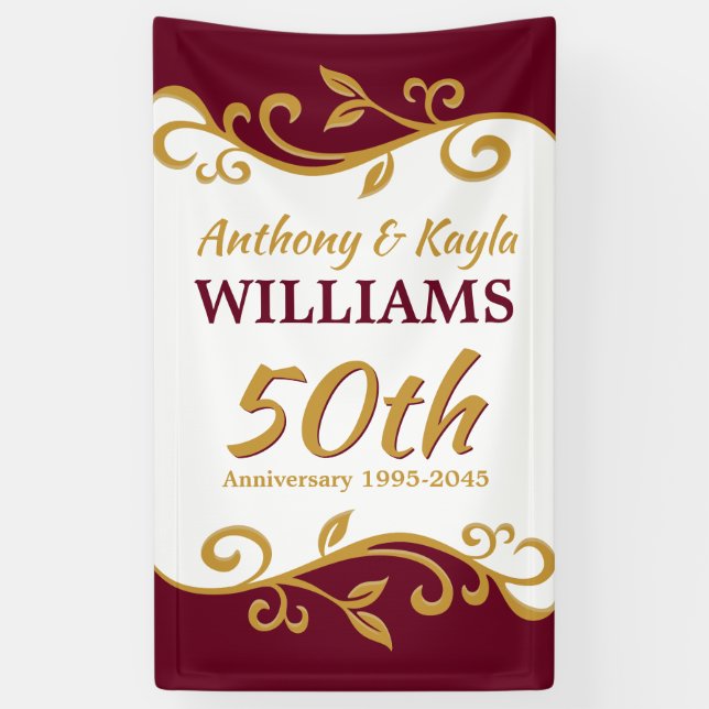 50. Hochzeit-Jubiläum Burgund Gold Blüh Banner (Vertikal)