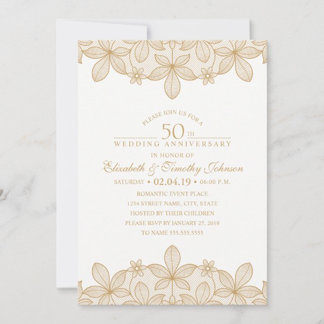 50. Hochzeit Jubiläum Elegant Golden Look Lace Einladung (Vorderseite)