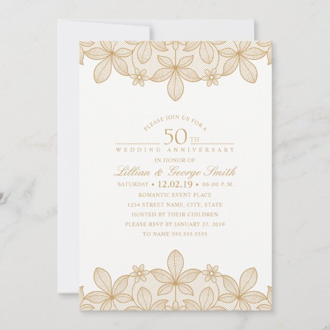 50. Hochzeit-Jubiläum Elegante Goldene Spitze Einladung (Vorderseite)