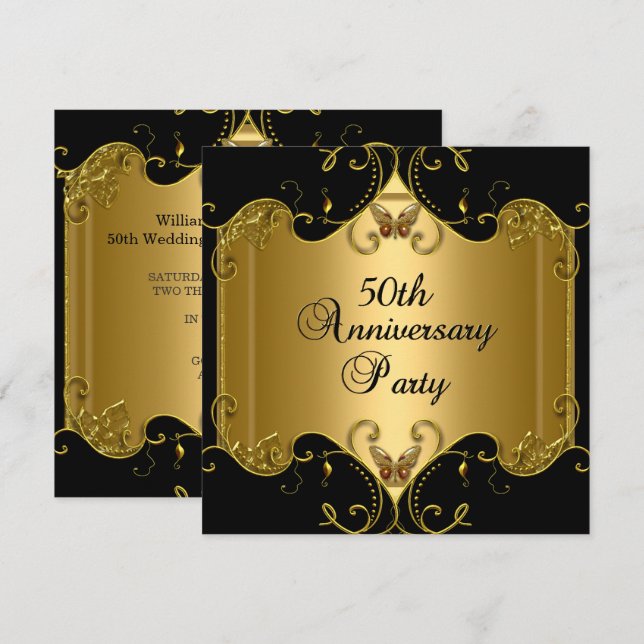 50. Hochzeit Jubiläum Gold Black Butterfly Einladung (Vorne/Hinten)