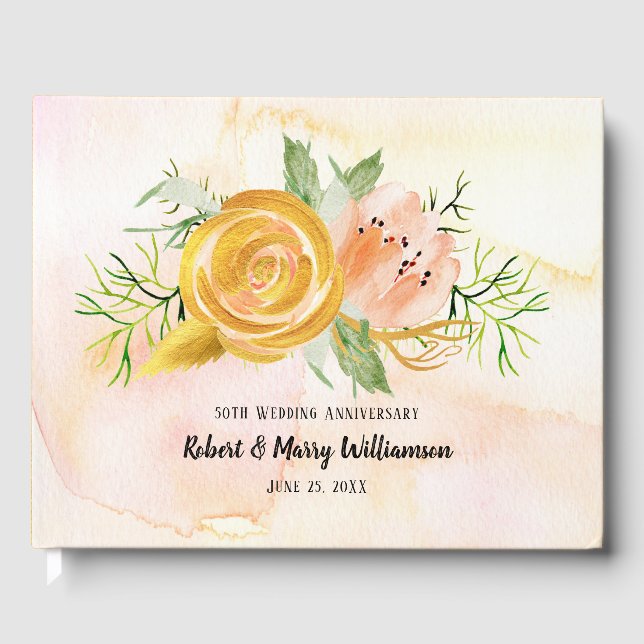 50. Hochzeit Jubiläum Gold Blush Pink Floral Gästebuch (Vorderseite)