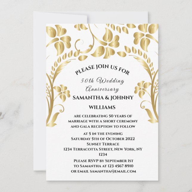 50. Hochzeit Jubiläum Gold Botanische Flora Einladung (Vorderseite)