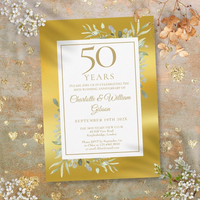 50. Hochzeit Jubiläum Grüne Gold Foil Einladung (50th Wedding Anniversary Greenery Gold Foil Invitation)